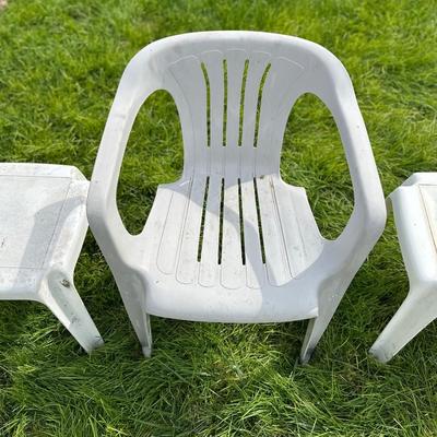 PLASTIC CHAIR AND 2 SIDE TABLES