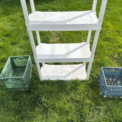 STORAGE SHELF AND 2 MILK CRATES