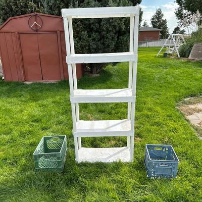 STORAGE SHELF AND 2 MILK CRATES