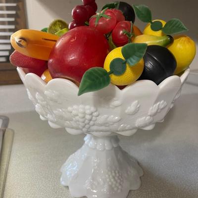 Milk glass punch bowl w/ fruit