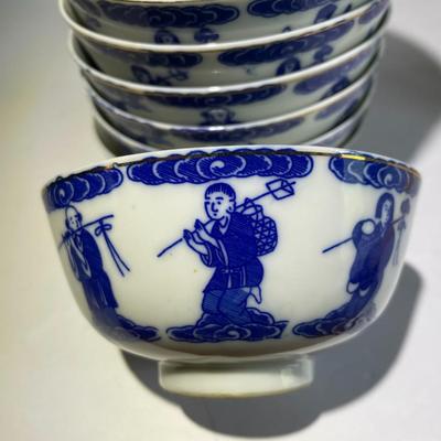 10 Vintage/Antique Chinese Immortal Blue/White Porcelain Rice Bowls 4" Diameter in Good Preowned Condition.