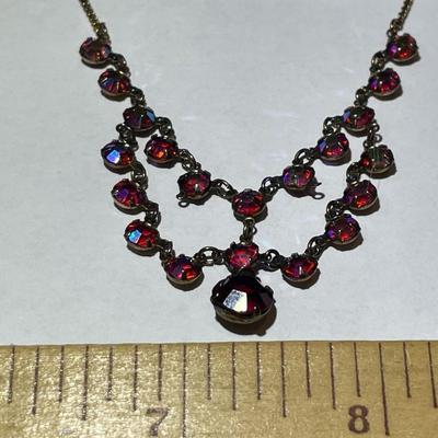 Antique Garnet Colored Rhinestone Dainty Necklace 16" in Very Good Preowned Condition.