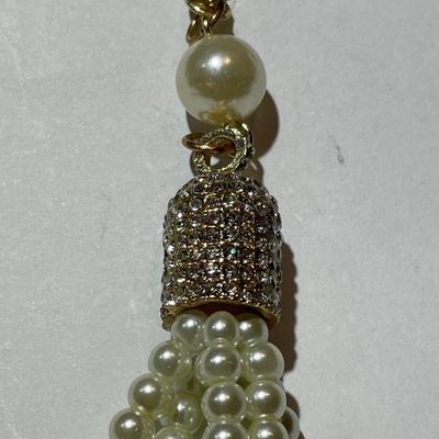 Vintage Faux Pearl & Rhinestone Pendant on a Gold-tone Double Strand Necklace 30-33" Adjustable in Very Good Preowned Condition