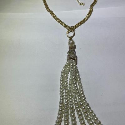 Vintage Faux Pearl & Rhinestone Pendant on a Gold-tone Double Strand Necklace 30-33" Adjustable in Very Good Preowned Condition