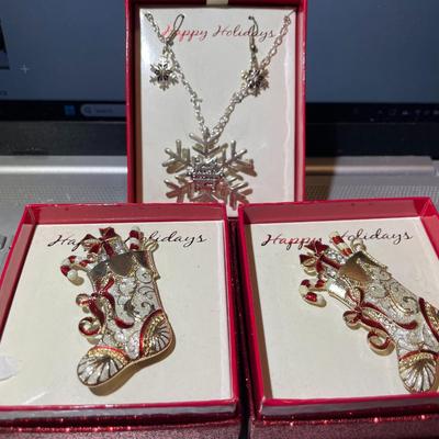 Lot of 3 Boxed Happy Holidays Jewelry New in Boxes as Pictured.