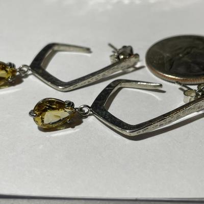 Sterling Silver Stud Backs Dangling Citrine Color Pear Shaped Earrings in New Never Worn Condition.