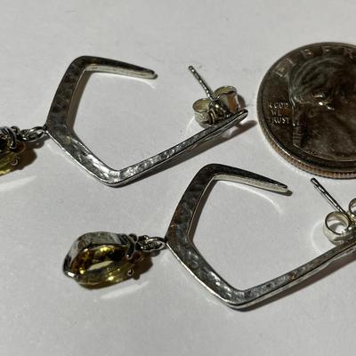 Sterling Silver Stud Backs Dangling Citrine Color Pear Shaped Earrings in New Never Worn Condition.