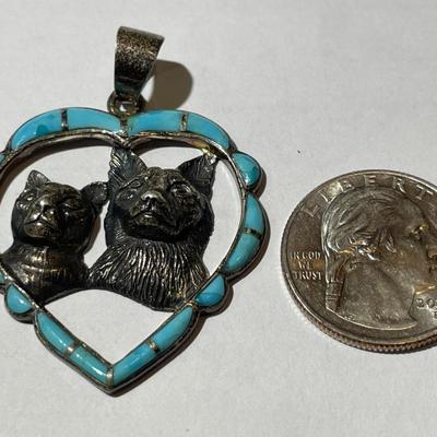 Vintage Sterling Silver Inlaid Turquoise Cat & Dog Heart Pendant in VG Preowned Condition.