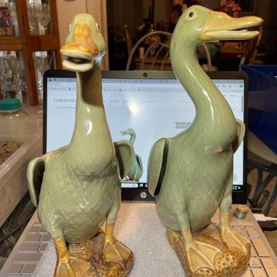 VERY RARE PAIR OF ASIAN CELADON-GLAZED FIGURES OF DUCKS 12" TALL IN VERY GOOD PREOWNED CONDITION.
