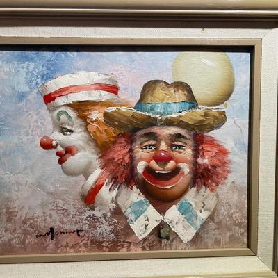 Nice Vintage Oil on Board Painting by William Moninet of Clowns Frame Size 15" x 17" in Very Good Condition.