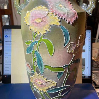 Antique Early 1900's Earthenware NIPPON Hand Painted Unmarked Base Vase 12.35" Tall in Good Preowned Condition