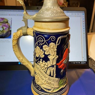 VINTAGE MARZ REMY BEER STEIN WITH LID #2026 No. 19 DANCING FRAULEINS 9" TALL IN GOOD PREOWNED CONDITION.