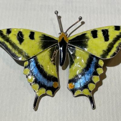 Vintage/Antique Sterling Silver Enameled Butterfly Pin 2.25" Wide in VG Preowned Condition.