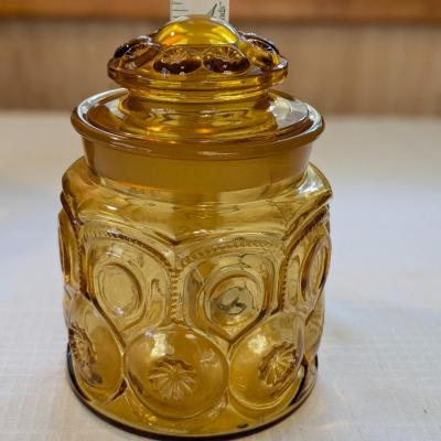 LE Smith Canister & Lid Pressed Amber Glass Moon & Stars