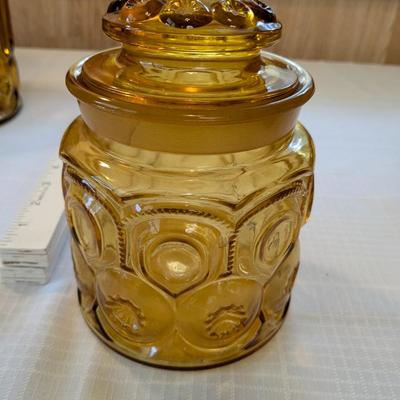 LE Smith Canister & Lid Pressed Amber Glass Moon & Stars