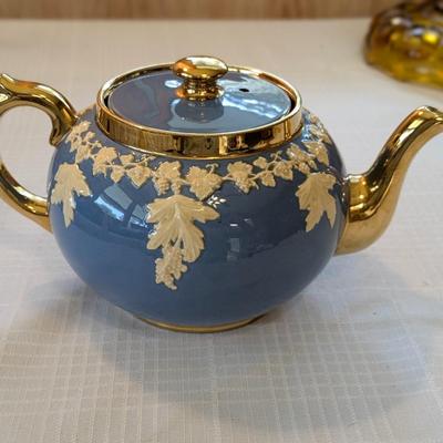 Vintage Gibsons Staffordshire England Blue Teapot With Grapes & Leaves