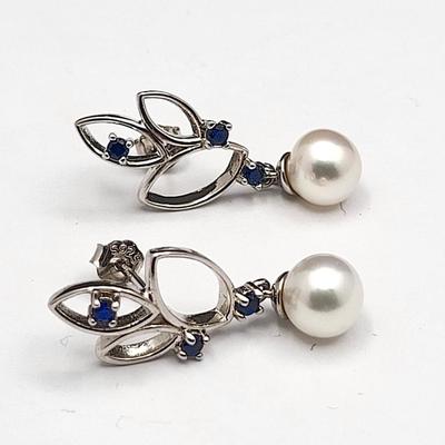 Vantel Genuine Pearl & Sapphire Necklace Earring Set 925