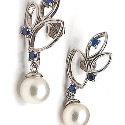 Vantel Genuine Pearl & Sapphire Necklace Earring Set 925