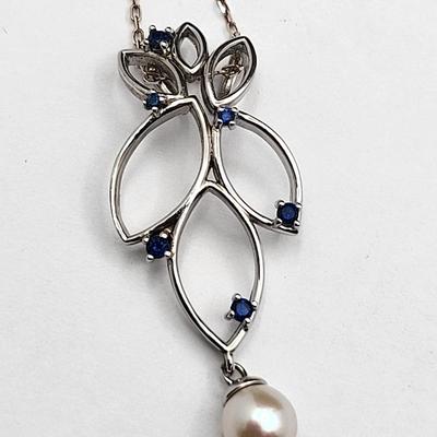 Vantel Genuine Pearl & Sapphire Necklace Earring Set 925