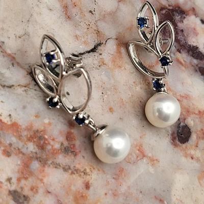 Vantel Genuine Pearl & Sapphire Necklace Earring Set 925
