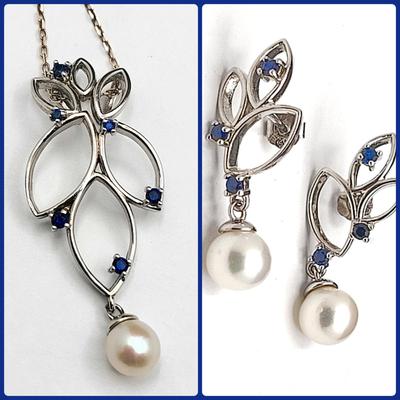 Vantel Genuine Pearl & Sapphire Necklace Earring Set 925