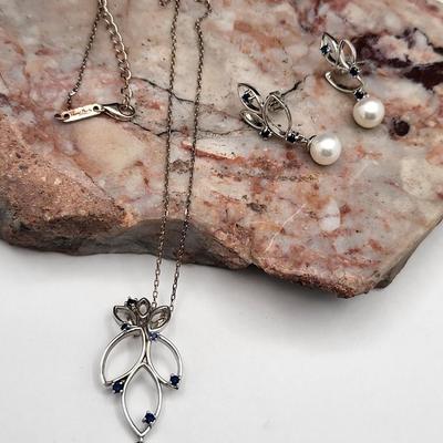 Vantel Genuine Pearl & Sapphire Necklace Earring Set 925