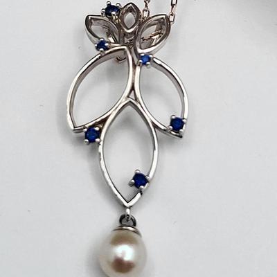 Vantel Genuine Pearl & Sapphire Necklace Earring Set 925