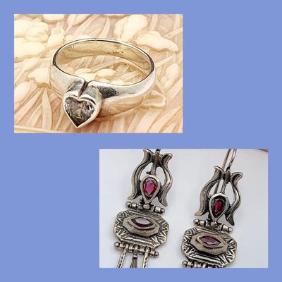 Vintage 925 Garnet Earrings, Gemstone Heart Ring 14gr