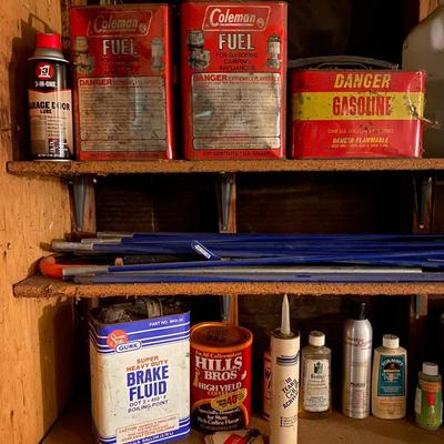 Vintage cans, bottle, and buckets