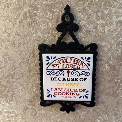WOODEN TRASH BIN & CAST IRON TILED TRIVET