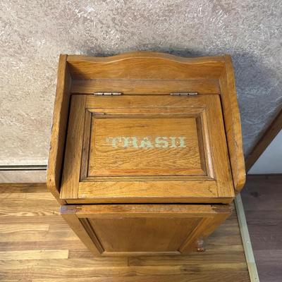 WOODEN TRASH BIN & CAST IRON TILED TRIVET