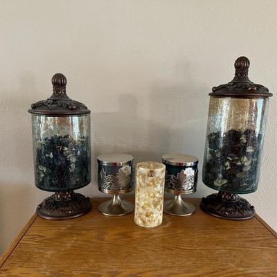 DECORATIVE GLASS CANISTERS ,CANDLE AND HOLDERS