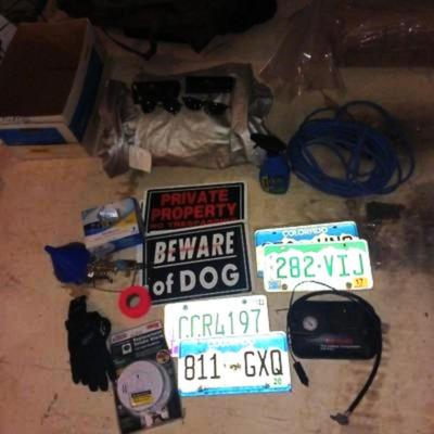 AUTO COMPRESSOR, PLATES AND SIGNS, AIR TIRE INFLATOR, SUNGLASSES AND MORE