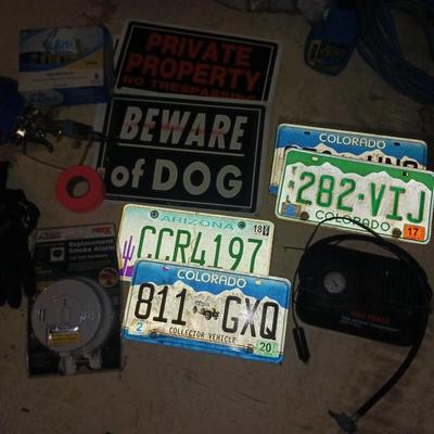 AUTO COMPRESSOR, PLATES AND SIGNS, AIR TIRE INFLATOR, SUNGLASSES AND MORE