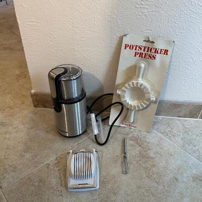 NEW CROCK POT COOKIE PRESS, DEVILED EGG DISH, COFFEE GRINDER AND MORE