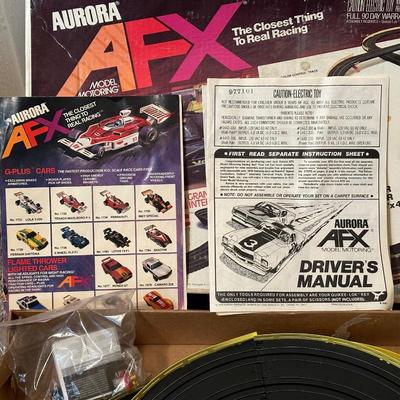 AFX RACE TRACK, PLUSH ANIMALS AND VINTAGE CHILD'S VINYL CHAIR