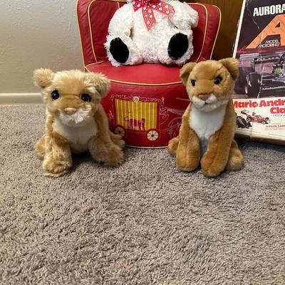 AFX RACE TRACK, PLUSH ANIMALS AND VINTAGE CHILD'S VINYL CHAIR