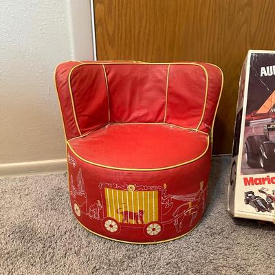 AFX RACE TRACK, PLUSH ANIMALS AND VINTAGE CHILD'S VINYL CHAIR