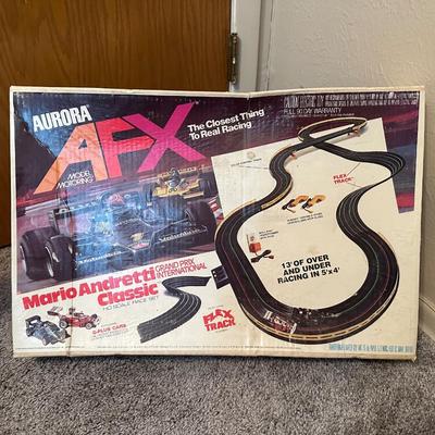 AFX RACE TRACK, PLUSH ANIMALS AND VINTAGE CHILD'S VINYL CHAIR