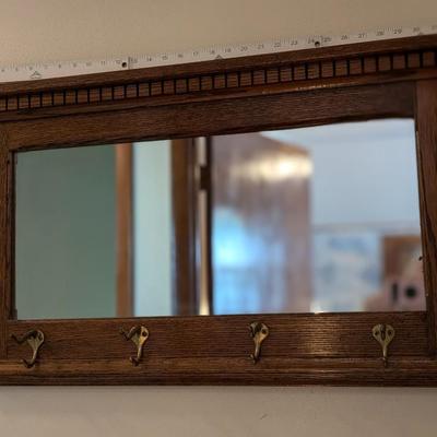 Antique Mission Style Oak Hall Mirror and Coat Hooks