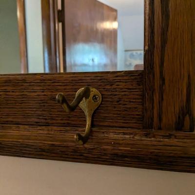 Antique Mission Style Oak Hall Mirror and Coat Hooks