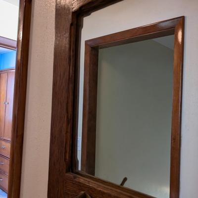 Antique Mission Style Oak Hall Mirror and Coat Hooks
