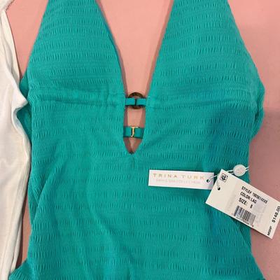 Trina Turk pink shirt & swimsuit, white tank top