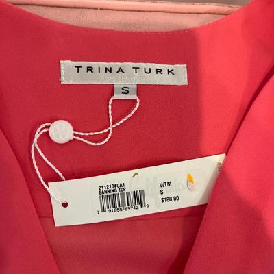 Trina Turk pink shirt & swimsuit, white tank top