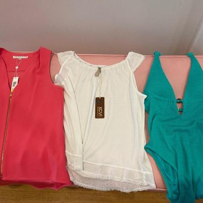 Trina Turk pink shirt & swimsuit, white tank top