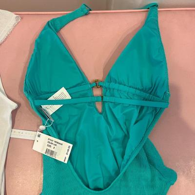 Trina Turk pink shirt & swimsuit, white tank top