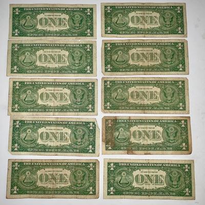 Lot of Ten 1957 Blue Seal $1 Silver Certificates