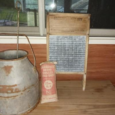 SUNNY LAND WASHBOARD, DAIRY CREAM CAN AND FAKE BAG OF LEAD SHOT