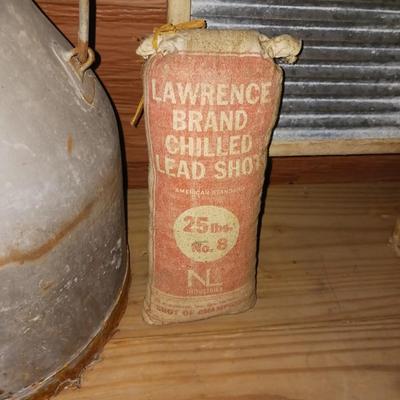 SUNNY LAND WASHBOARD, DAIRY CREAM CAN AND FAKE BAG OF LEAD SHOT