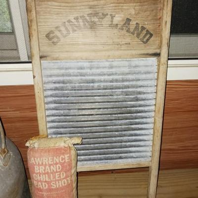 SUNNY LAND WASHBOARD, DAIRY CREAM CAN AND FAKE BAG OF LEAD SHOT